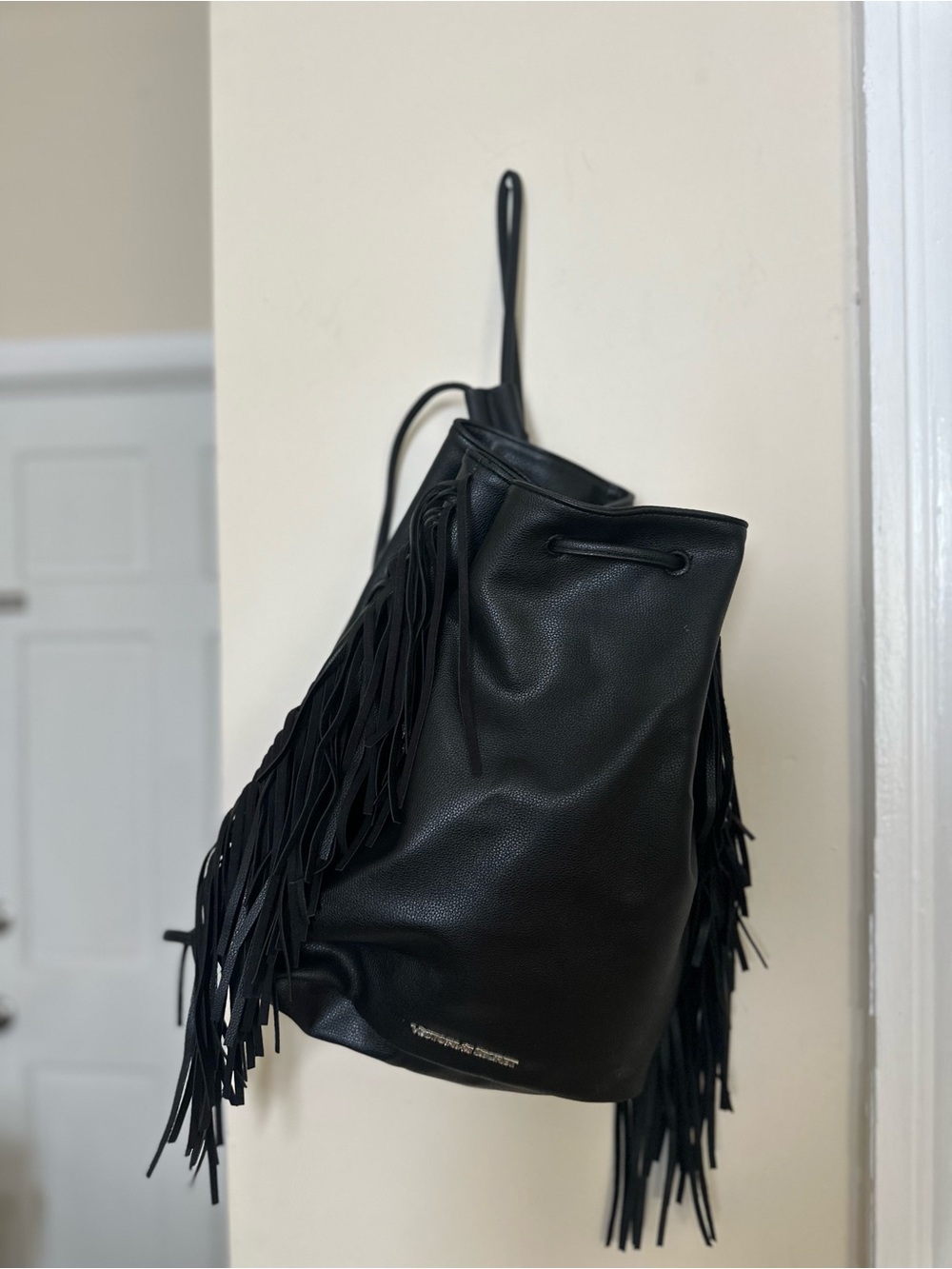 Victoria’s Secret Black Faux Leather Fringe Drawstring Backpack NWT/Unused.